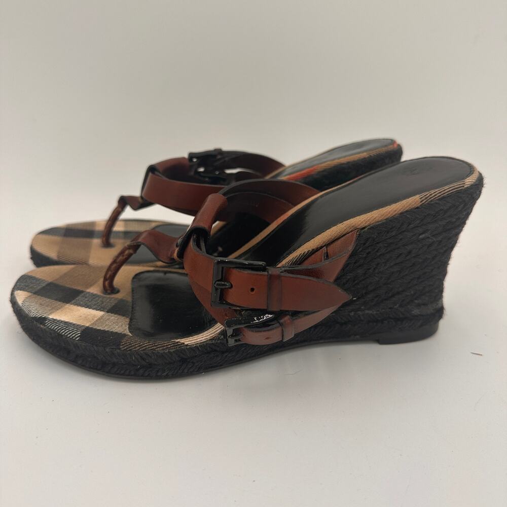 Burberry Leather Brown Wedge Espadrille Thong Heels Sandals Size 39 / 9 - Picture 7 of 10